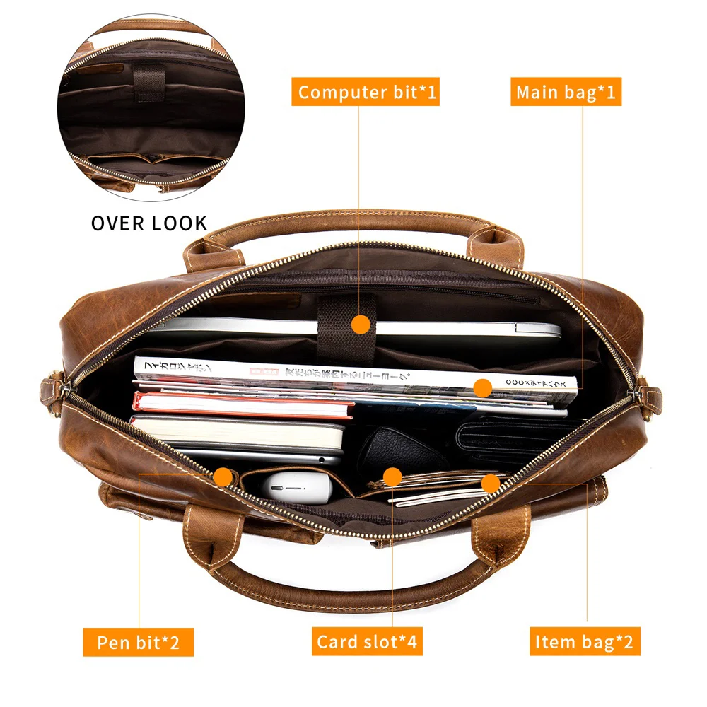حقيبة جلدية للأعمال للرجال والنساء ، حقيبة كتف للرجال ، حقيبة كمبيوتر محمول ، كبيرة ، 14"