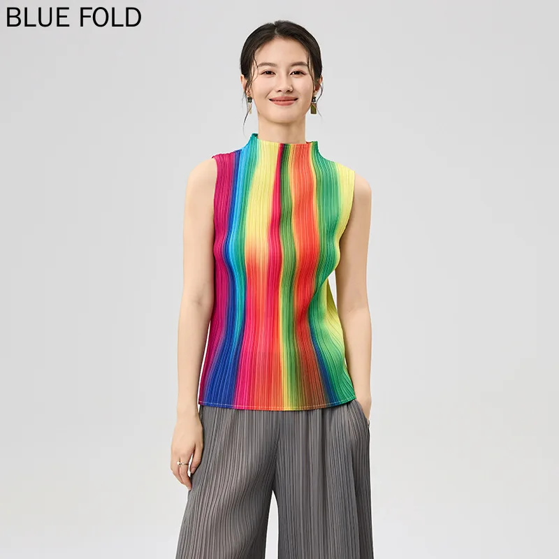 

MIYAKE 2025 Summer New Colorful Stripes Printed Half-high Neck Sleeveless Vest Temperament Versatile Rainbow Top