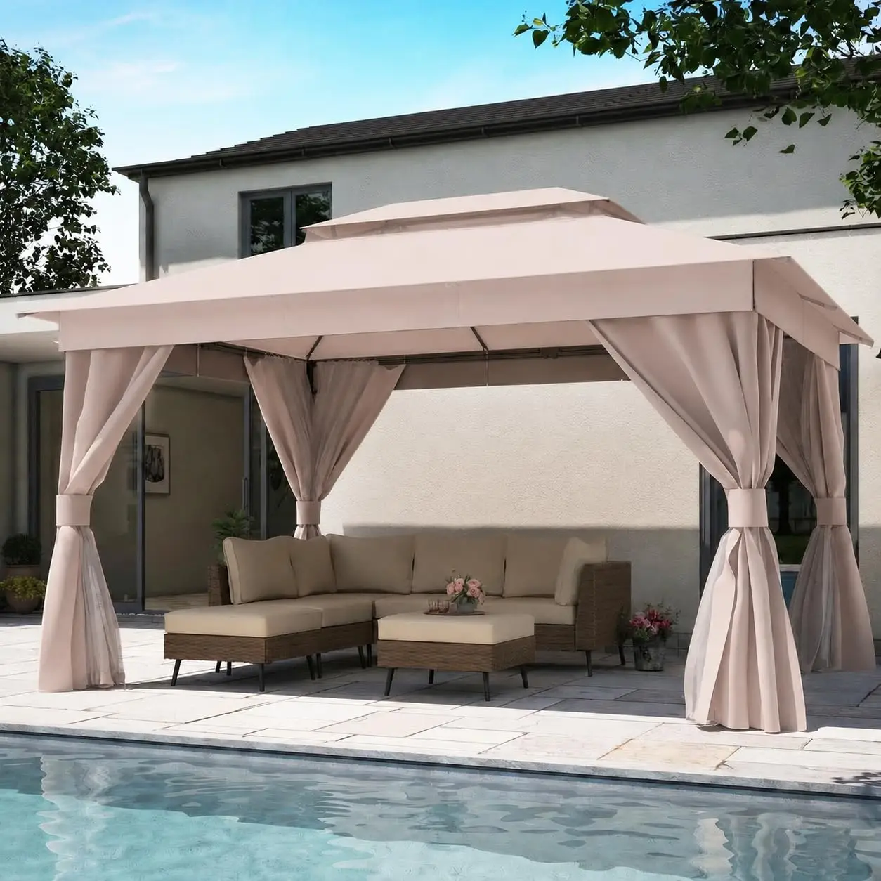 10x13 Gazebo Canopy, Metal Frame Heavy Duty Patio Canopy Tent Shelter with Double Roofs, Mosquito Nettings and, Customized