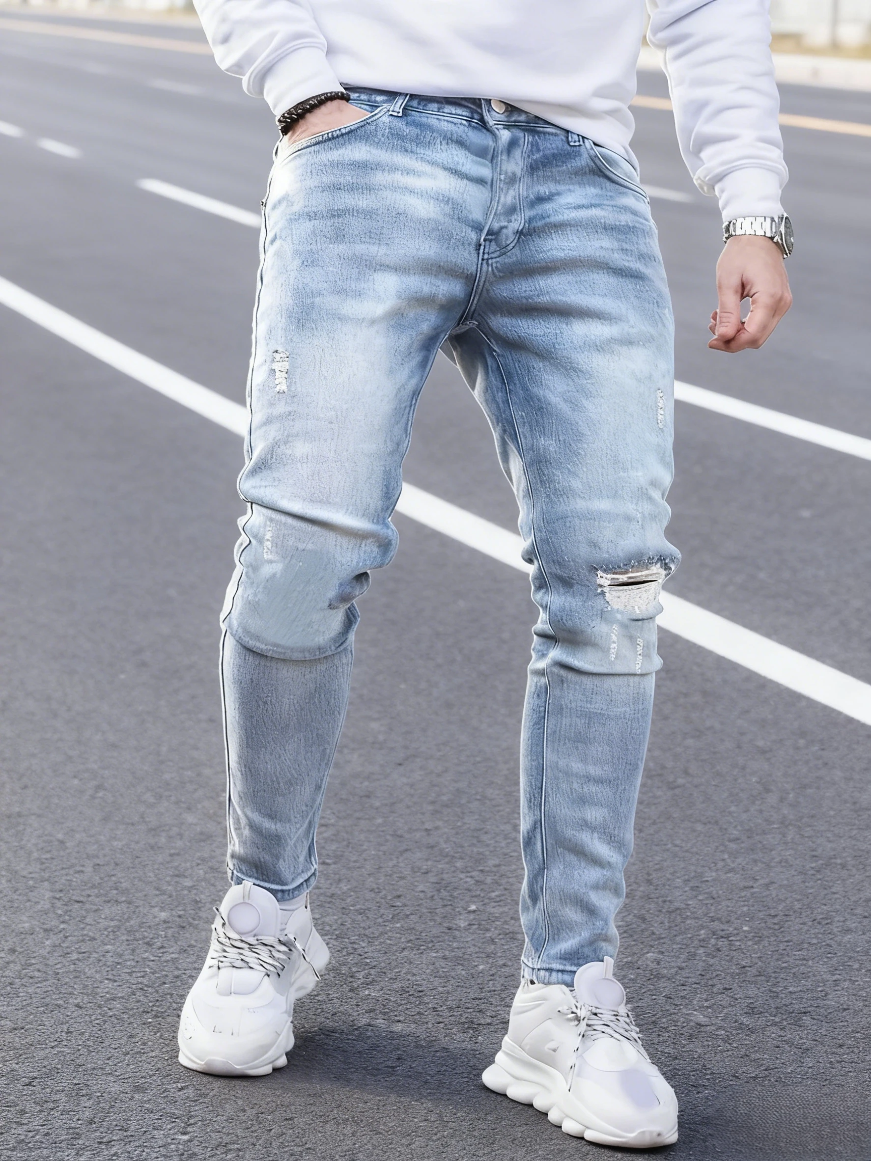 

Мужские светло-голубые облегающие потертые джинсы, стильный дизайн с рваными дырками, модный городской эстетичный прочный дышащий эластичный материал All-D