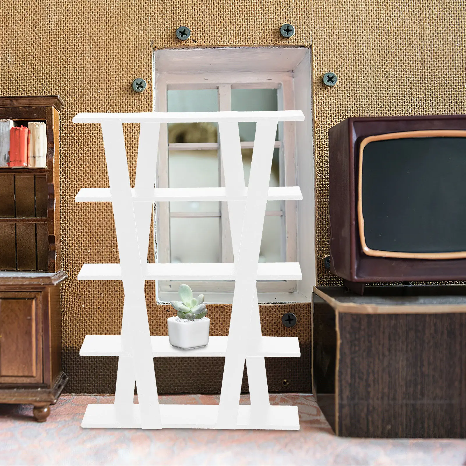 

Dollhouse Wooden Furniture Mini Shelf Hollow Design Elegant Multifunctional Storage Rack for Miniature Decor Display Dollhouse