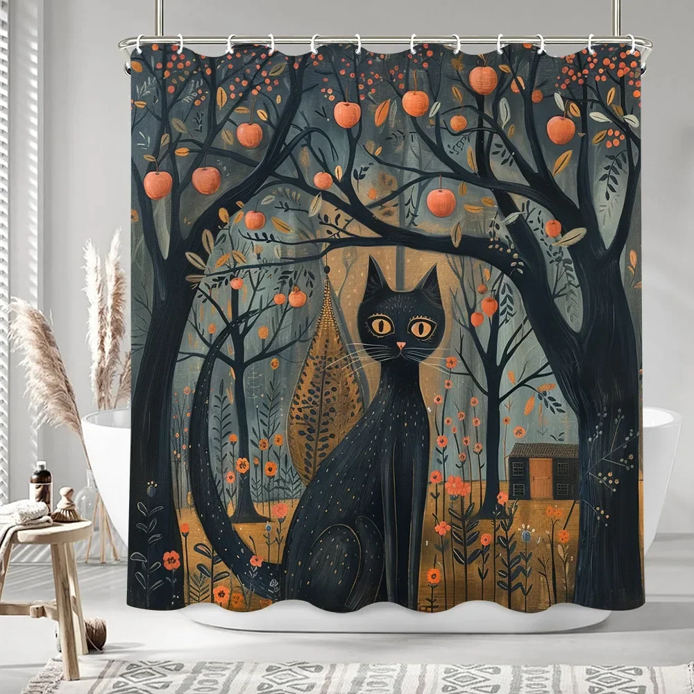 Black Cat Oil Painting Artwork Shower Curtain Bohemian Sand Colourful Painting Polyester Bath Curtains Bathroom Decor with Hooks