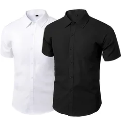 Classic Men's Business Shirts Summer Short Sleeve Solid Elastic Non-ironing Anti-wrinkle Business Slim Fit White Shirts Plus 5XL