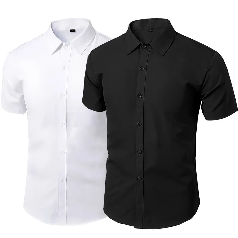 Classic Men's Business Shirts Summer Short Sleeve Solid Elastic Non-ironing Anti-wrinkle Business Slim Fit White Shirts Plus 5XL