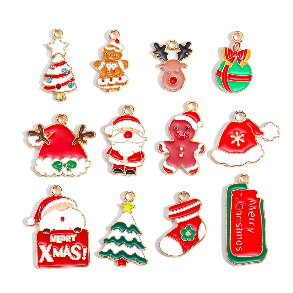 10pcs Enamel Christmas Charms Christmas Elk Gift Snowman Santa Claus Pendant for Diy Necklace Earring Jewelry Making Accessories