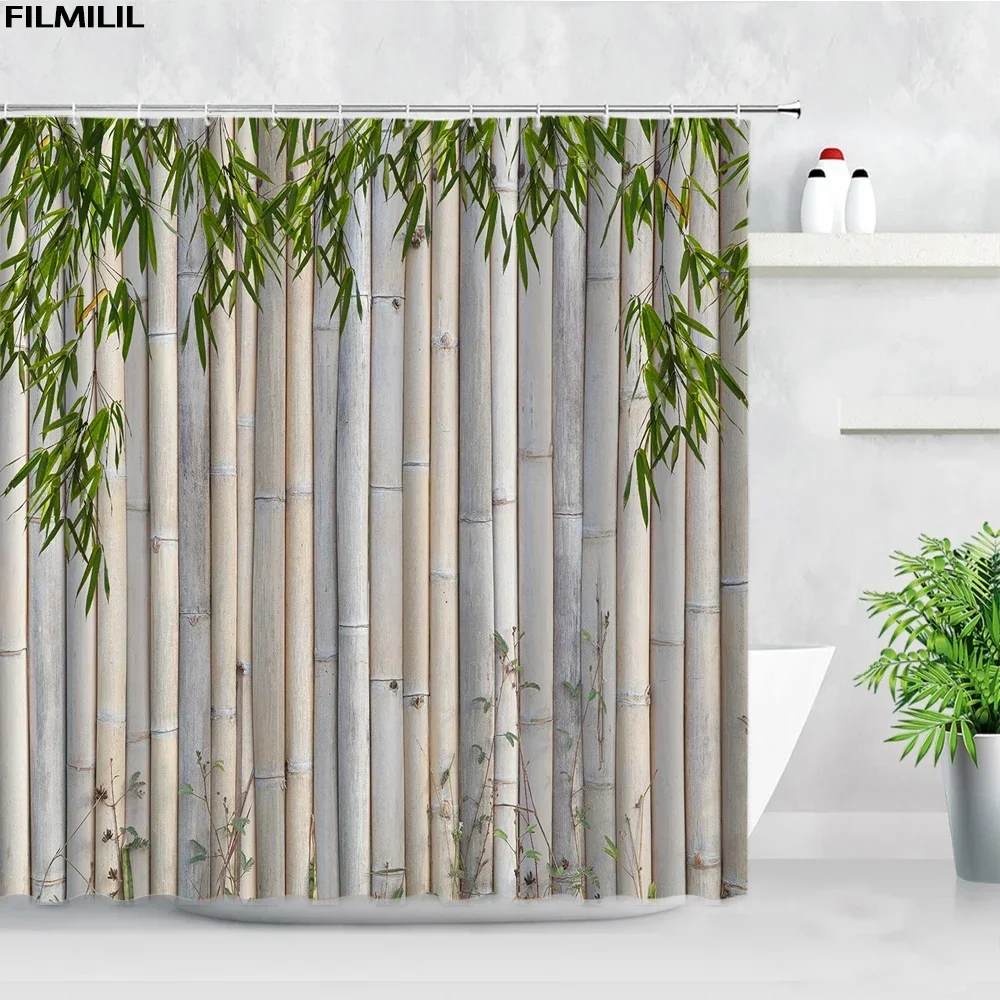 Zen Green Bamboo Shower Curtains Stone Buddha Lotus Candle Asian Japanese Spa Garden Scenery Bath Curtain Fabric Bathroom Decor