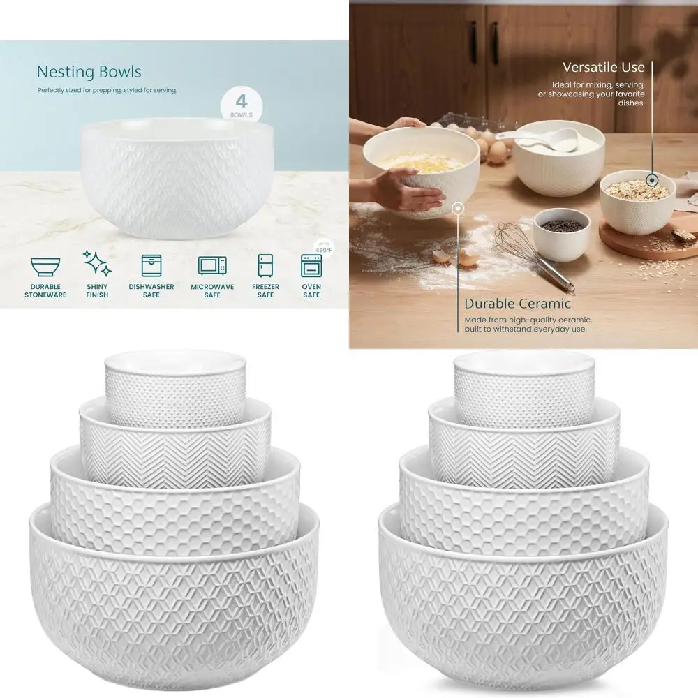 

Nesting Mixing Bowls Set of 4, Prep and Serve, Dishwasher and Microwave Safe, 20-145 oz, Marshmallow Pattern