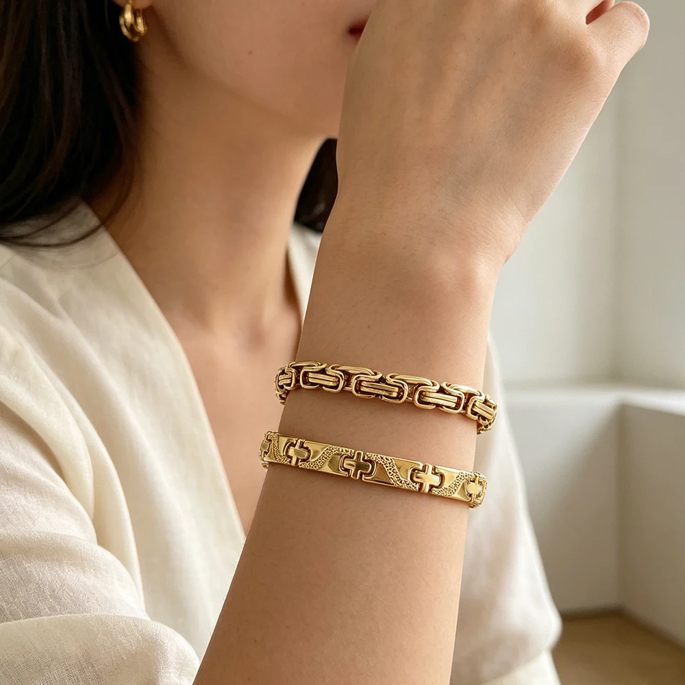2Pcs Gold Plated Magnetic Bracelet Set, Men's Health Therapy Link Chain Bracelet, Luxury Magnet Jewelry Gift Set for Men