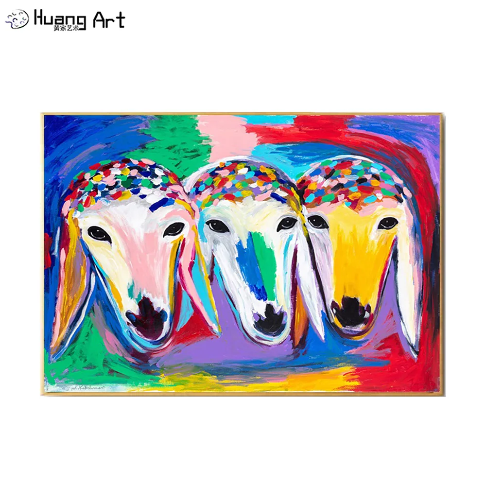 

Handmade Three Sheep Head Oil Painting on Canvas for Living Room Decor M.Kadishman Modern Sheep Colorful Animal Famous Paintings