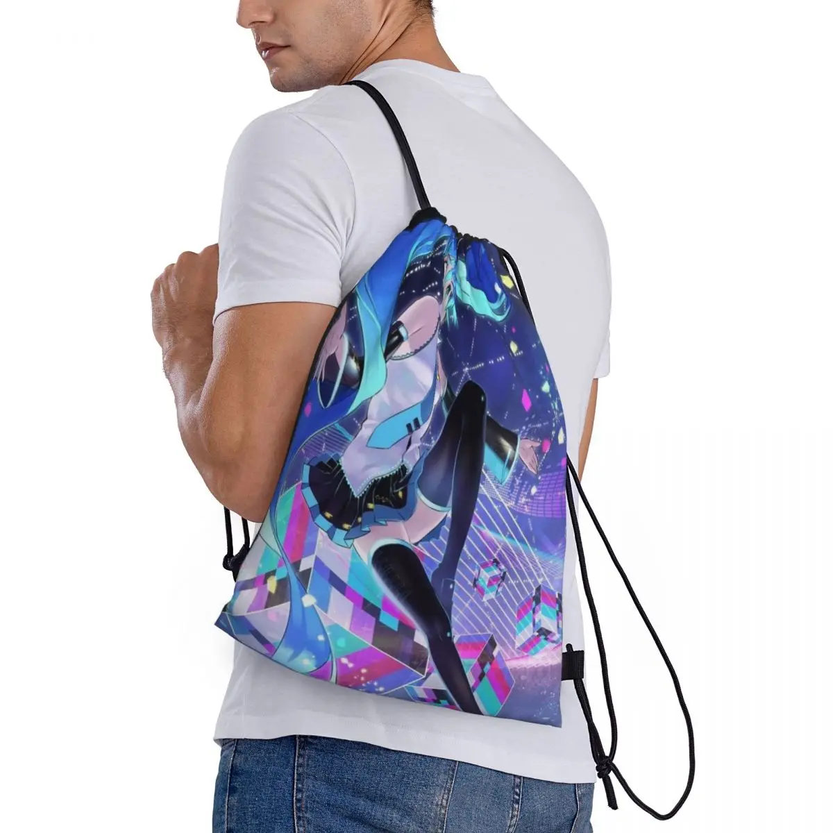 Hatsune Miku Drawstring Saco De Armazenamento, Bolsas portáteis, Mercearia Compras Sacos De Ombro, Saco De Viagem Dobrável