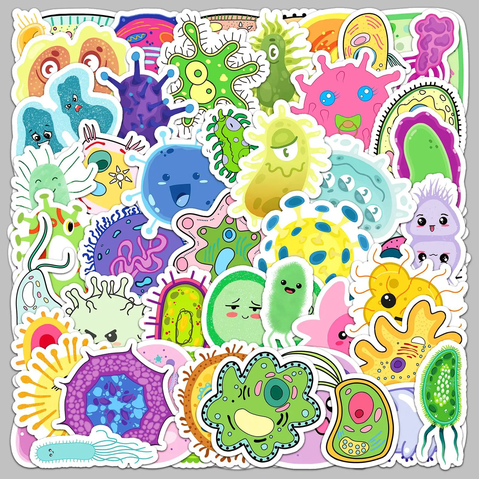 

50Pcs Cartoon Microorganism Series Stickers Suitcase Phone Case Water Bottle Waterproof Decoration Diy Sticker Packs