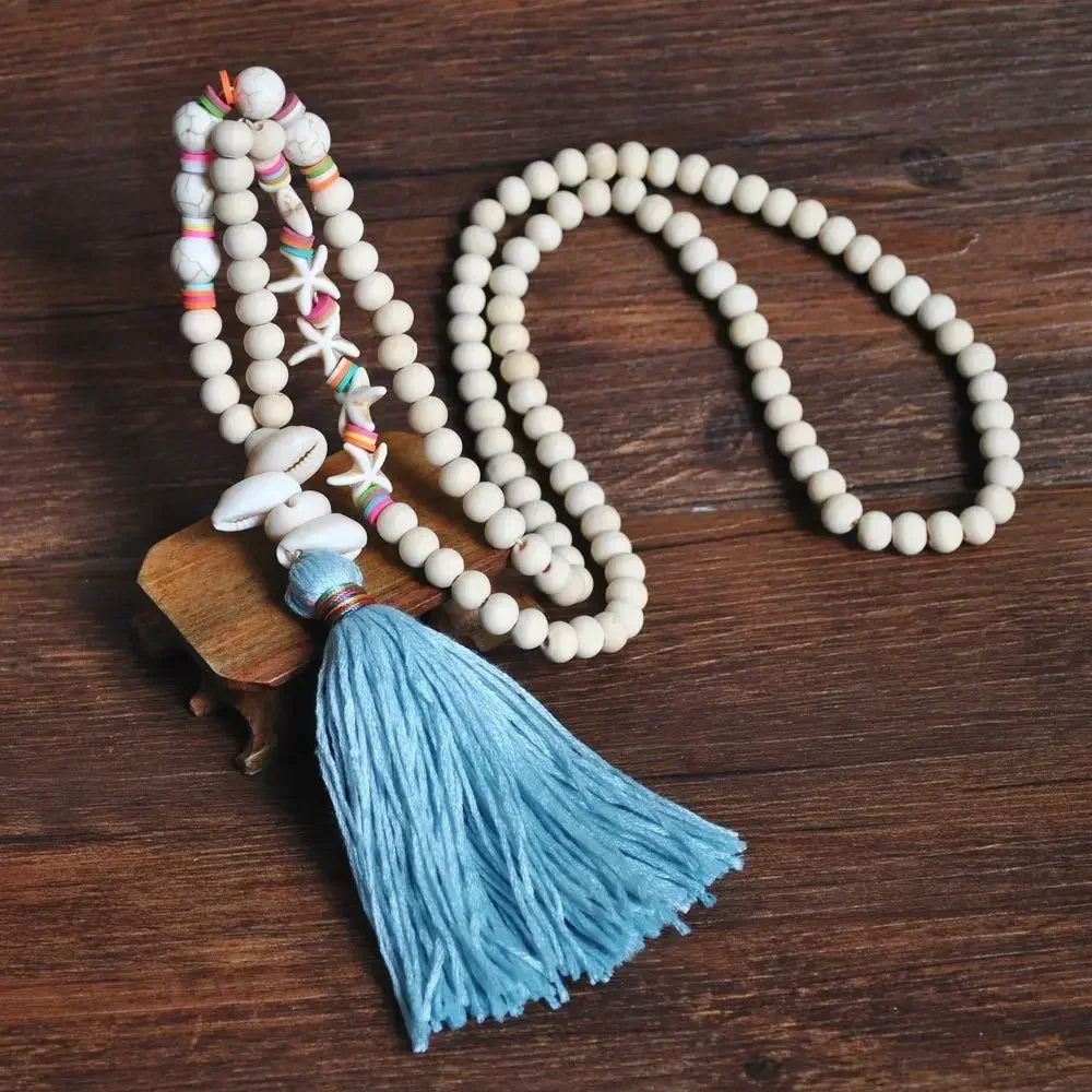 Bohemian Ethnic Handmade Summer Beach Wood Beaded Necklace Boho Colorful Tassel Long Beads Pendant Necklace for Women Vintage