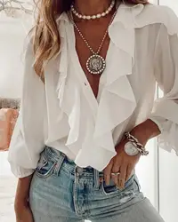 Sexy V neck Long Sleeve Shirt Chiffon Casual Women Ruffled Blouses Fashion 2024 Autumn Tops Elegant Buttons Sweet Party Blusas