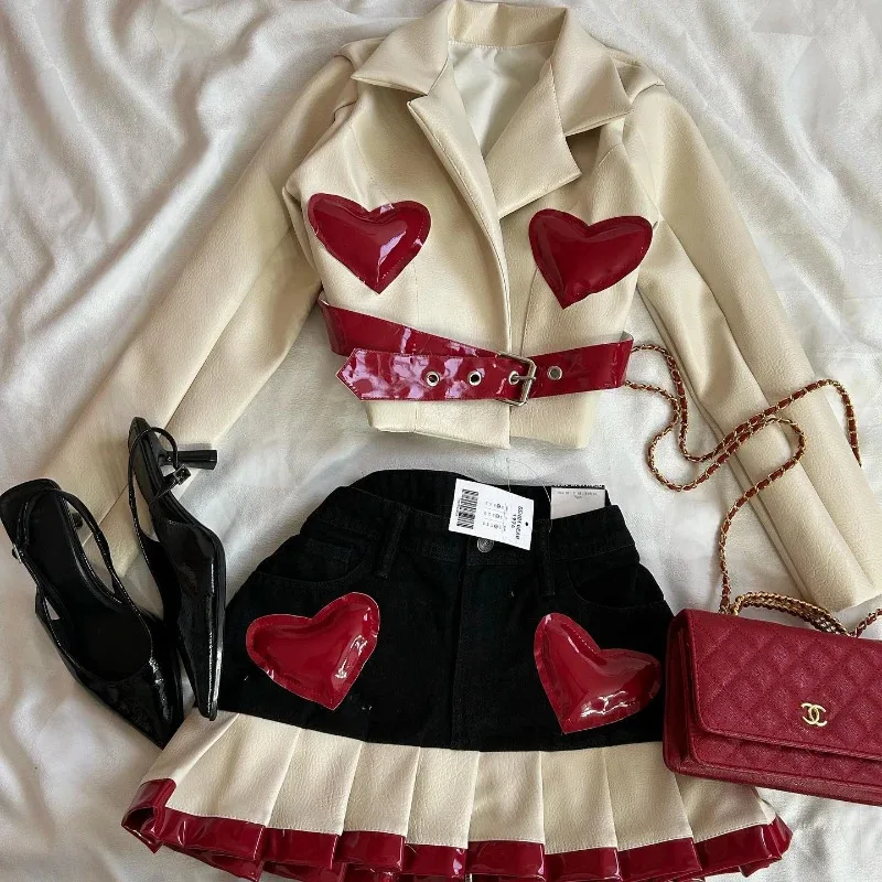 

Y2K Womens Street Clothing Heart shaped Leather Clothing Two Punk Jacket Cut Denim Patchwork Retro Pleated Mini Skirt Jacket Set