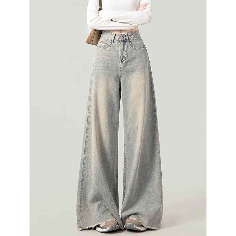 Girls Designer High Waist Raw Edge Jeans Female Korean Retro Straight Leg Denim Pants Women Chic Fashion Baggy Trousers