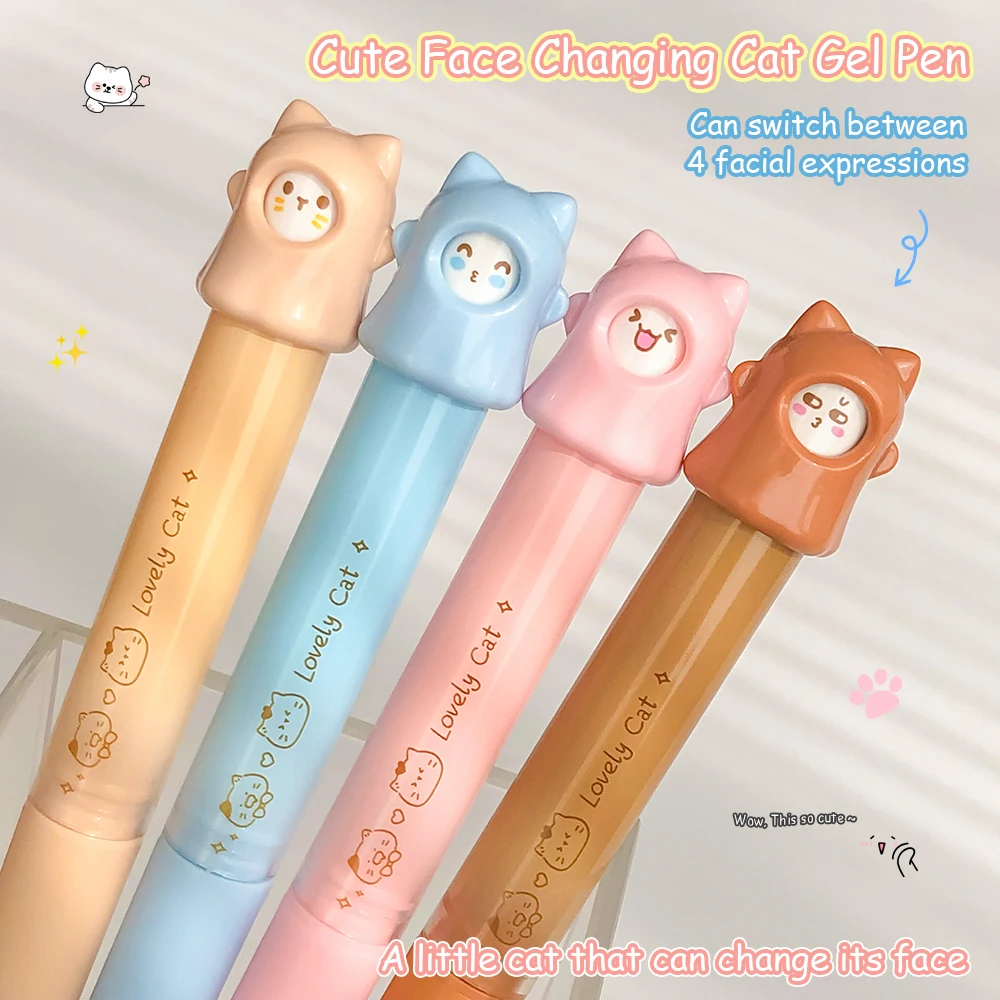

4 шт., милые гелевые ручки с изображением кота, меняющие лицо, 0,5 мм, забавные обучающие офисные карманные ручки, быстросохнущие, правильная осанка, удерживающая ручка