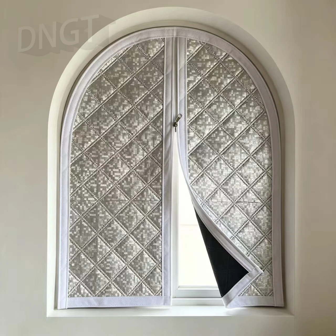 Custom  Zipper Thermal Window Curtain, Wind Cold Insulation, Self Adhesive Mount, No Drilling, Privacy Shield for Arched Windows