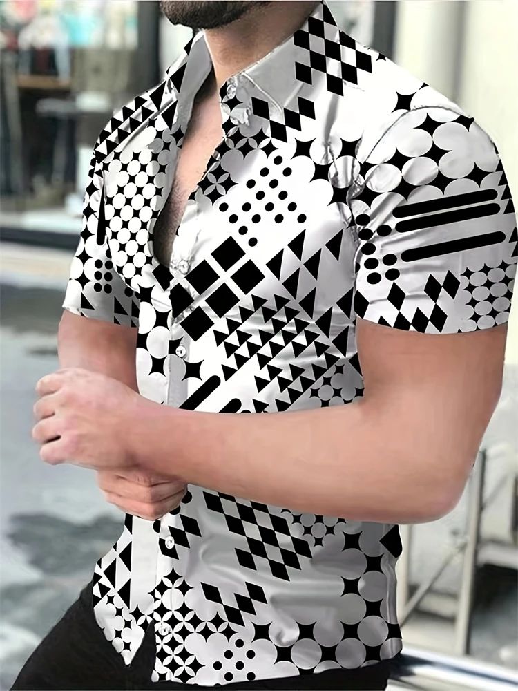 

Новая мужская повседневная рубашка с короткими рукавами и геометрическим принтом, дышащая футболка из смеси полиэстера с лацканами, летняя модная рубашка размера плюс, топ