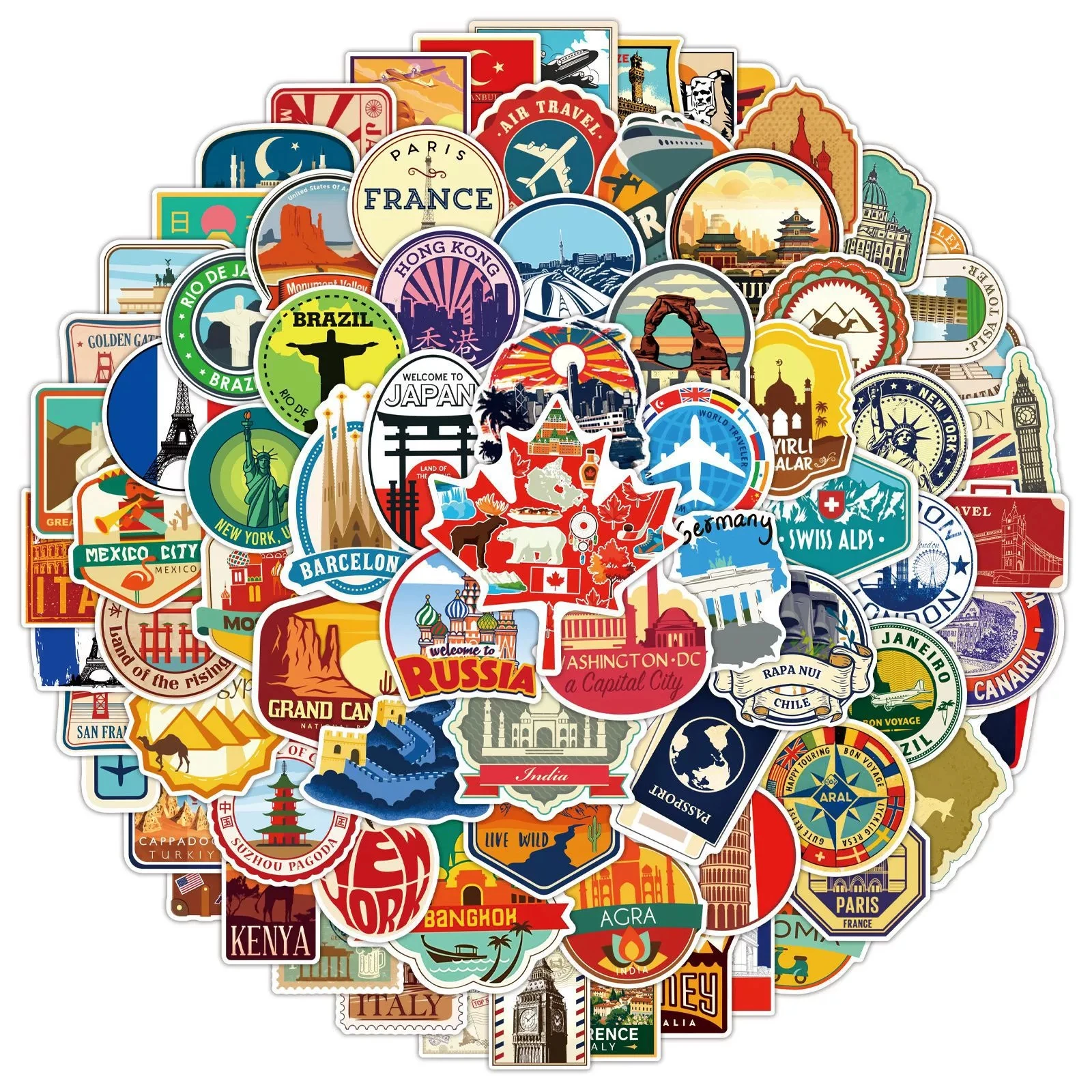 100PCS World Travel Doodle Stickers, Waterproof Vinyl Decals for Scrapbook, Laptop, Guitar, Car, Phone Case, DIY Gift Ideas