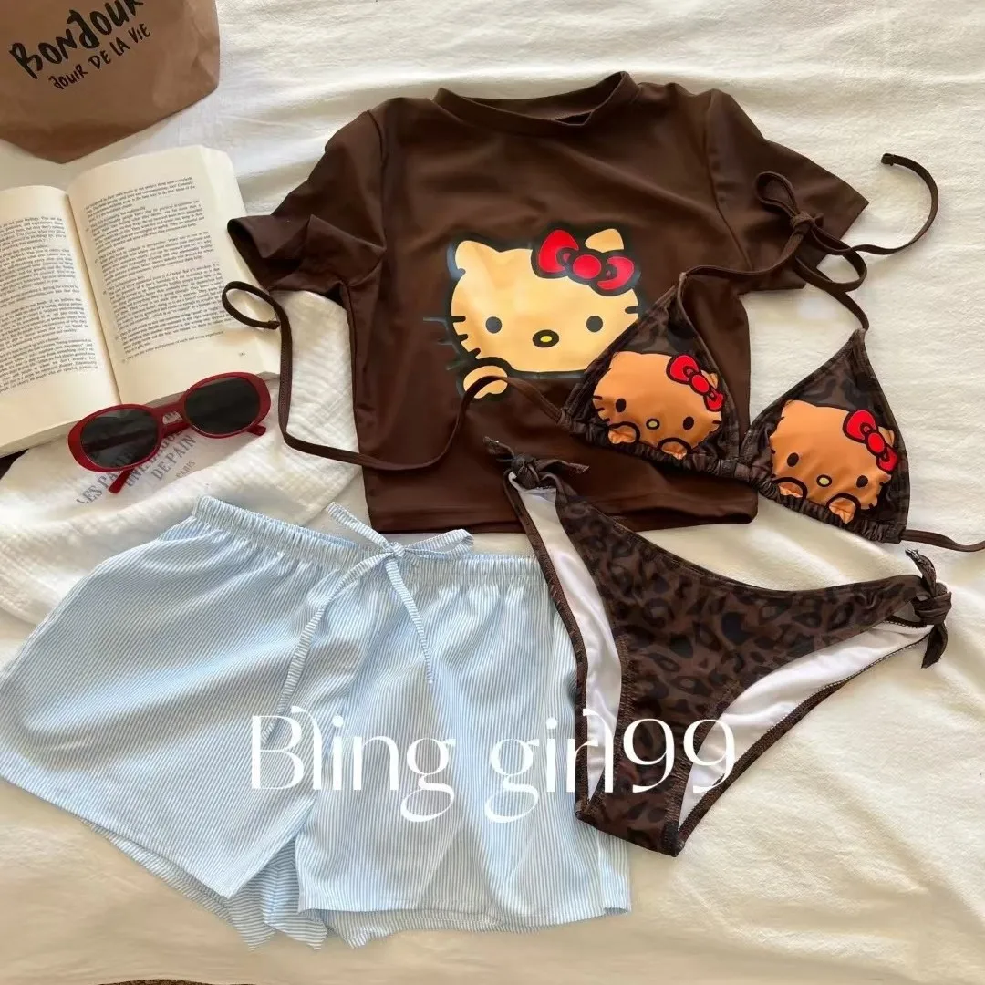 

Hello Kitty Kawaii Beach Sexy with Chest Cushion Bikini Three Piece Set Sanrio Comic Split Body Swimsuit Underwear Set Kit Gift