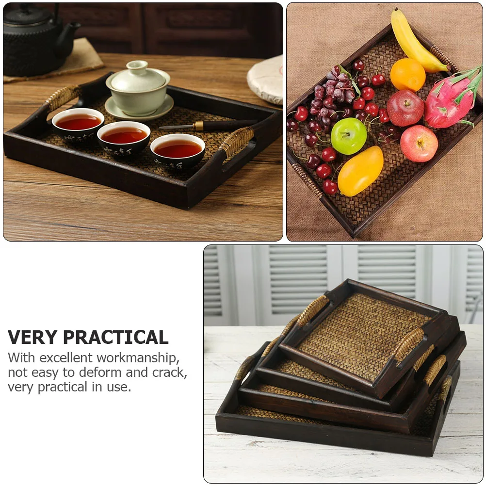 

Wooden Tray Bamboo Rattan Weaving Tea Cup Storage SPA Salon Serving Plate Retro Rectangular Practical MultiPurpose