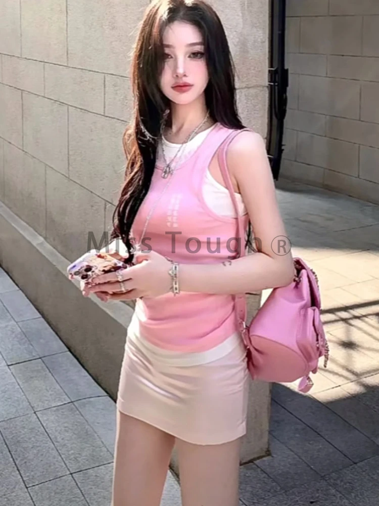 Summer Sweet Slim O Neck 3 Piece Set Women Design Chic Natural Solid Sling Vest Female Fashion Y2k High Waist A Line Dress New