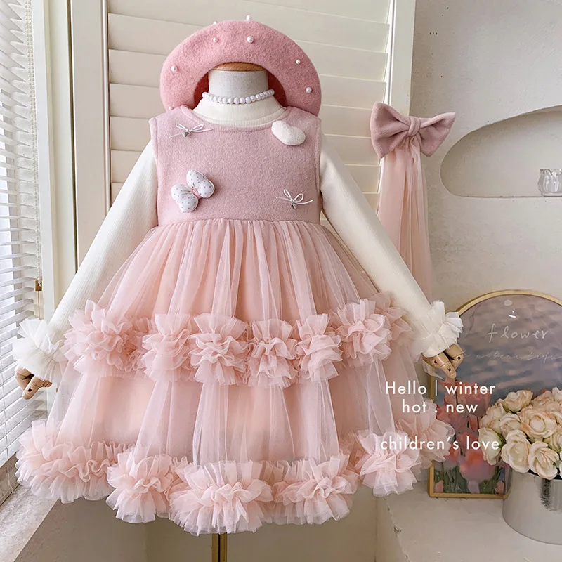 

Girls' Dress Winter New Fashionable Fleece-Lined Sleeveless Bow Dress Two-Piece Set