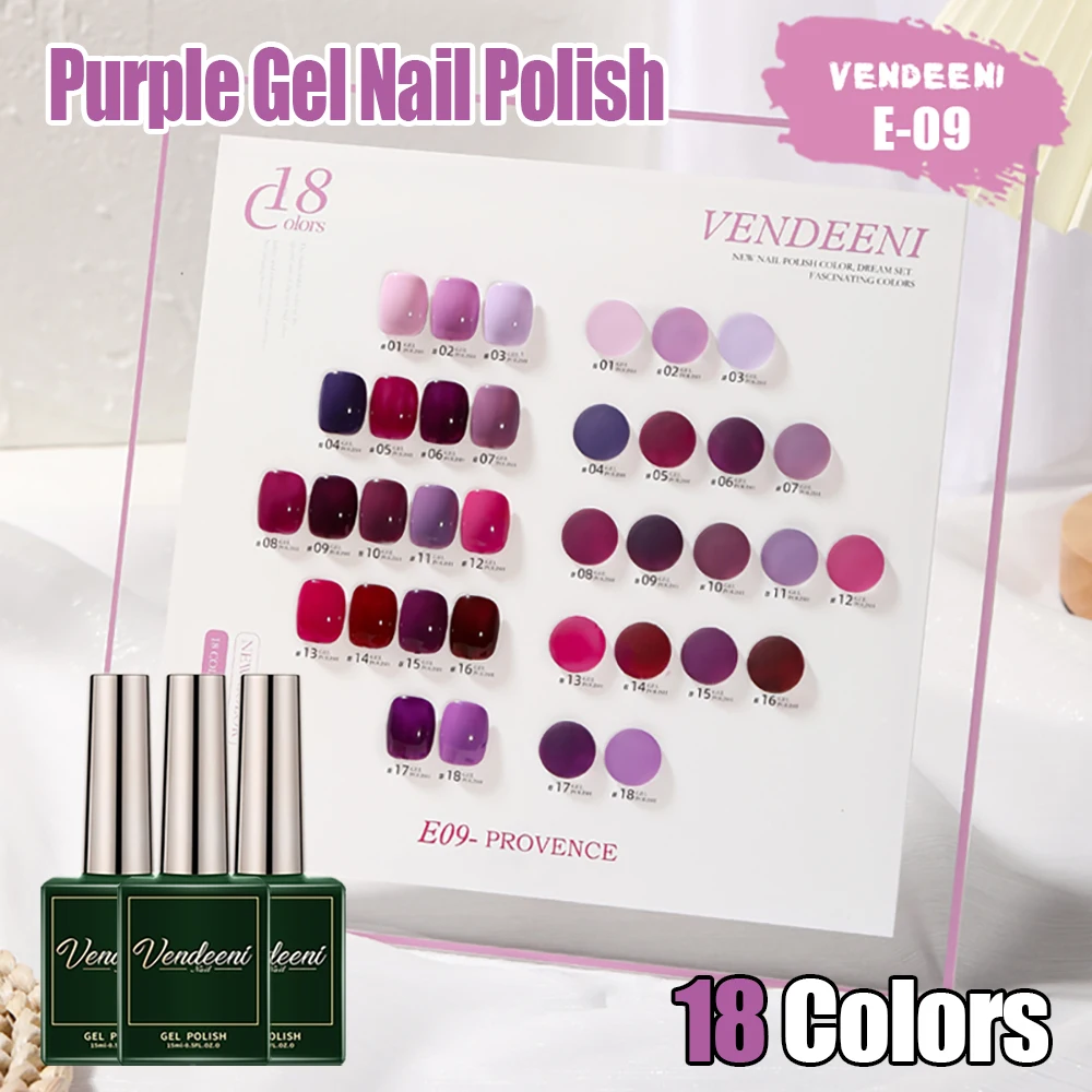 

Vendeeni 18 Color Popular Purple Series Gel Nail Polish DIY Nail Art Gel Lacquer Semi Permanent UV LED Soak Off Gel Varnish 15ml