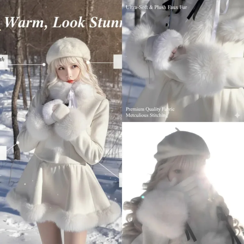 

Elegant Snow Elf Y2K Dresses Set Short Jacket Puffy A-Line Dresses Sweet Princess Outfit Girl Winter Lolita Cloth Top Dress New