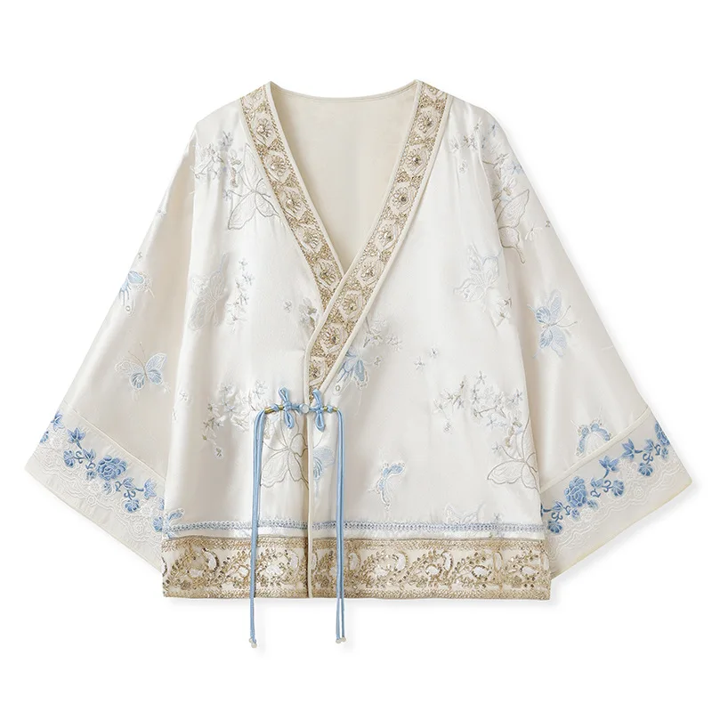 Primavera nuevo estilo chino con cuello en V borla hecha a mano un solo botón + mariposa exquisita chaqueta suelta bordada señora S-L
