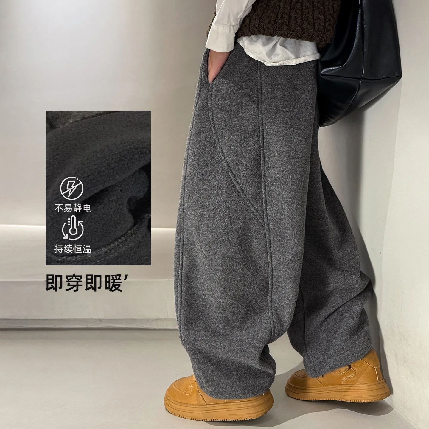 

Children Clothes Boys Casual Pants Autumn Korean Style 2026 New Fleece Plaid Loose Pants Retro Trendy Full Length Simple Pants