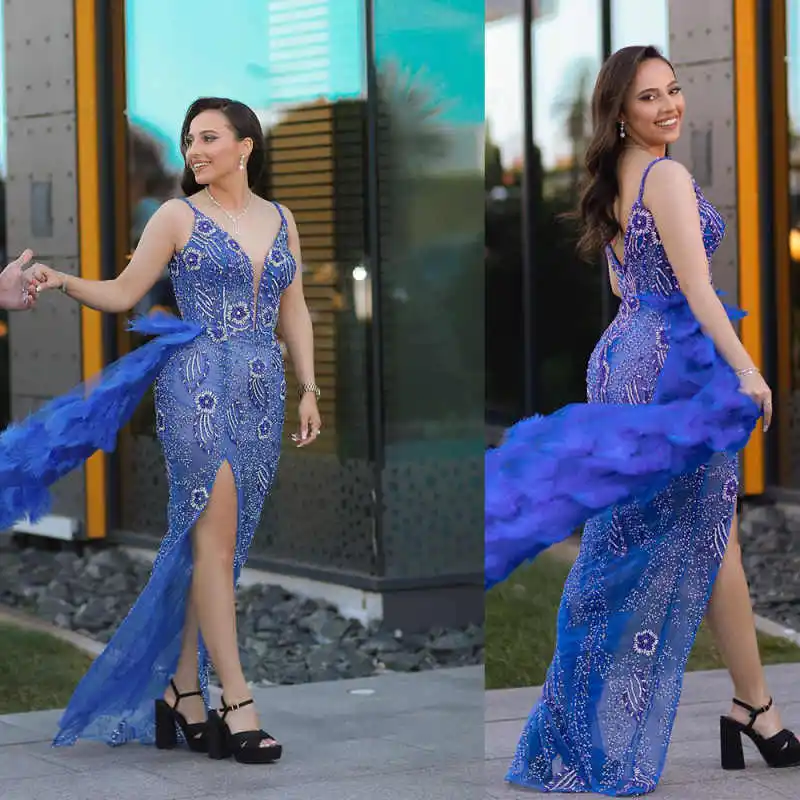 

Full Beading Prom Dresses For Black Women Crystal Pleats Evening Gowns Sexy Side Split Birthday Party Customized Dress