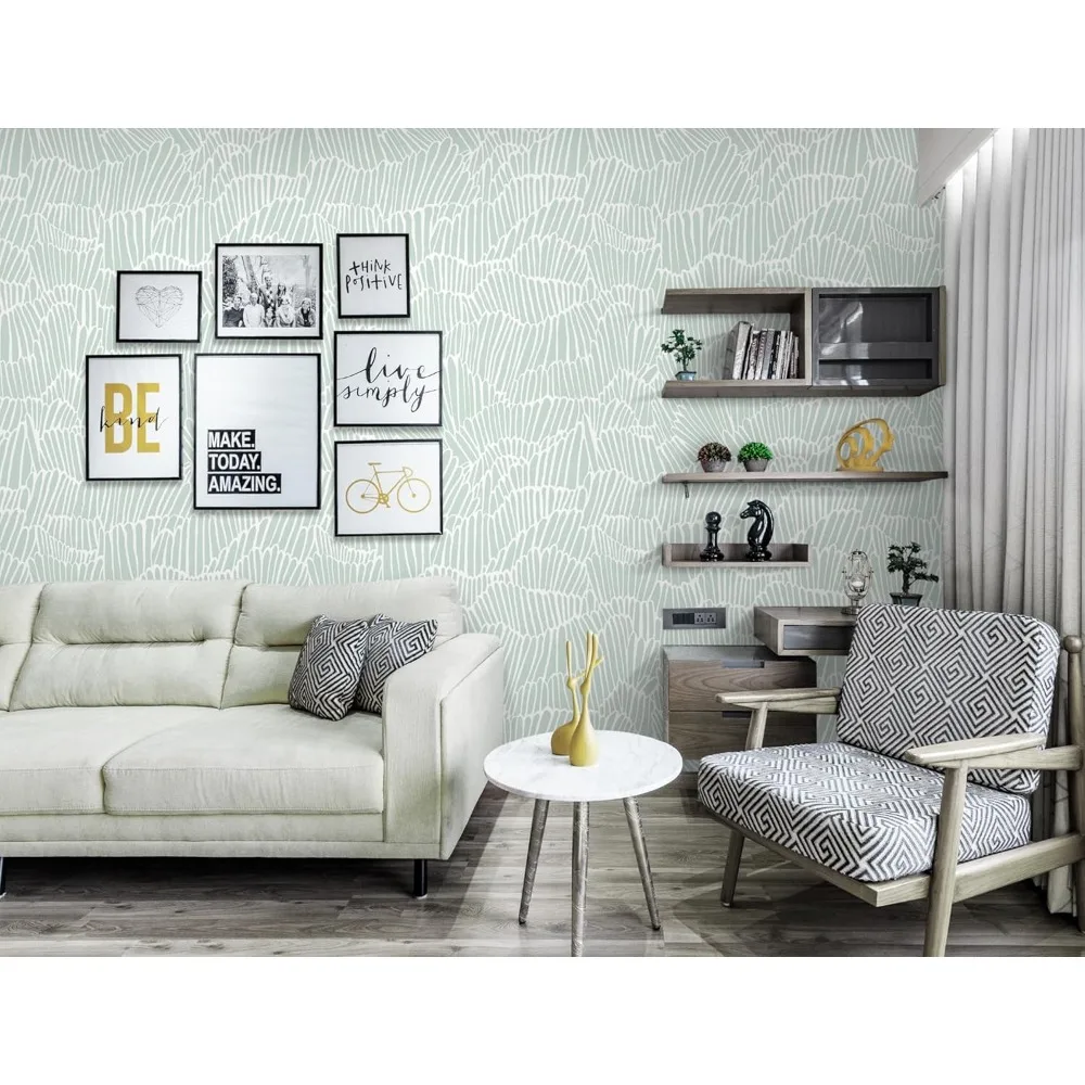 ورق جدران بوهو مخطط باللونين الأخضر والأبيض الحديث قابل للإزالة للداخلية الاستوائية الساحلية