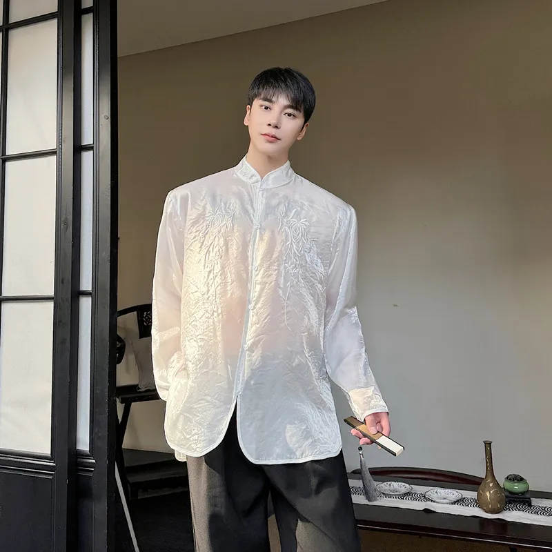 

Spring Summer Chinese Sle Embroidered Ultra-Thin Long Sve irt Stand Collar See-Tough Men Women European Organza Sun ...