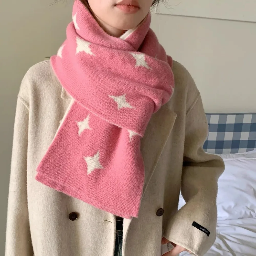 

Korean Style Star Pattern Neckerchief Soft Double Side Women Winter Scarf Windproof Neck Warmer Cashmere Knitted Shawl Student