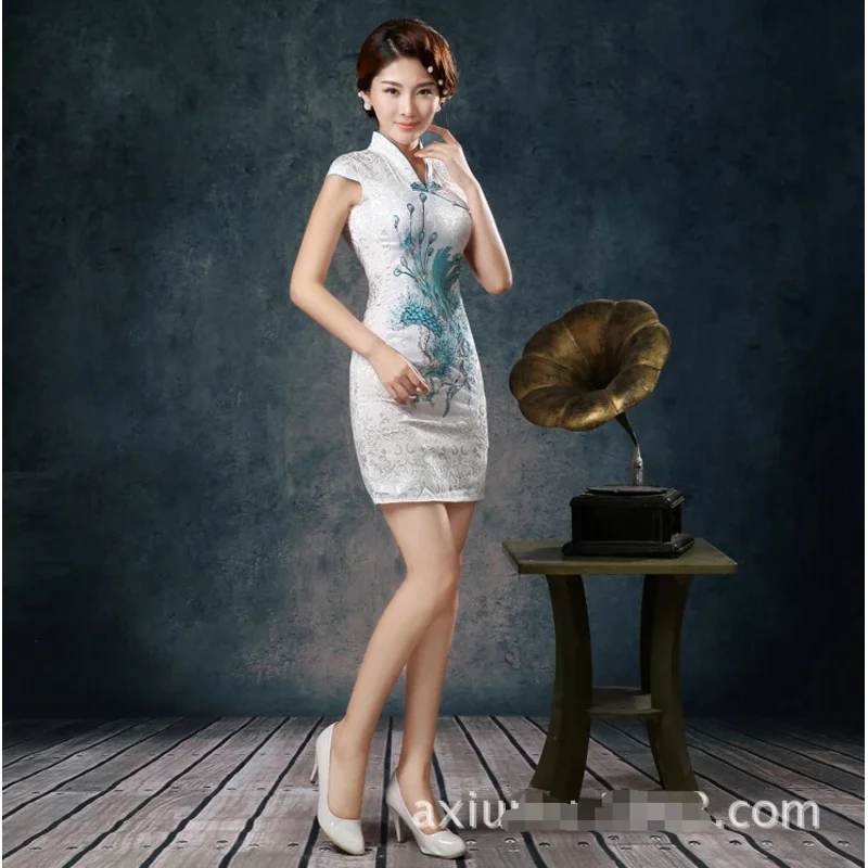 1 pcs/lot cheongsam embroidery Phoenix Chinese dress slim short sleeves retro cotton dress 4colors