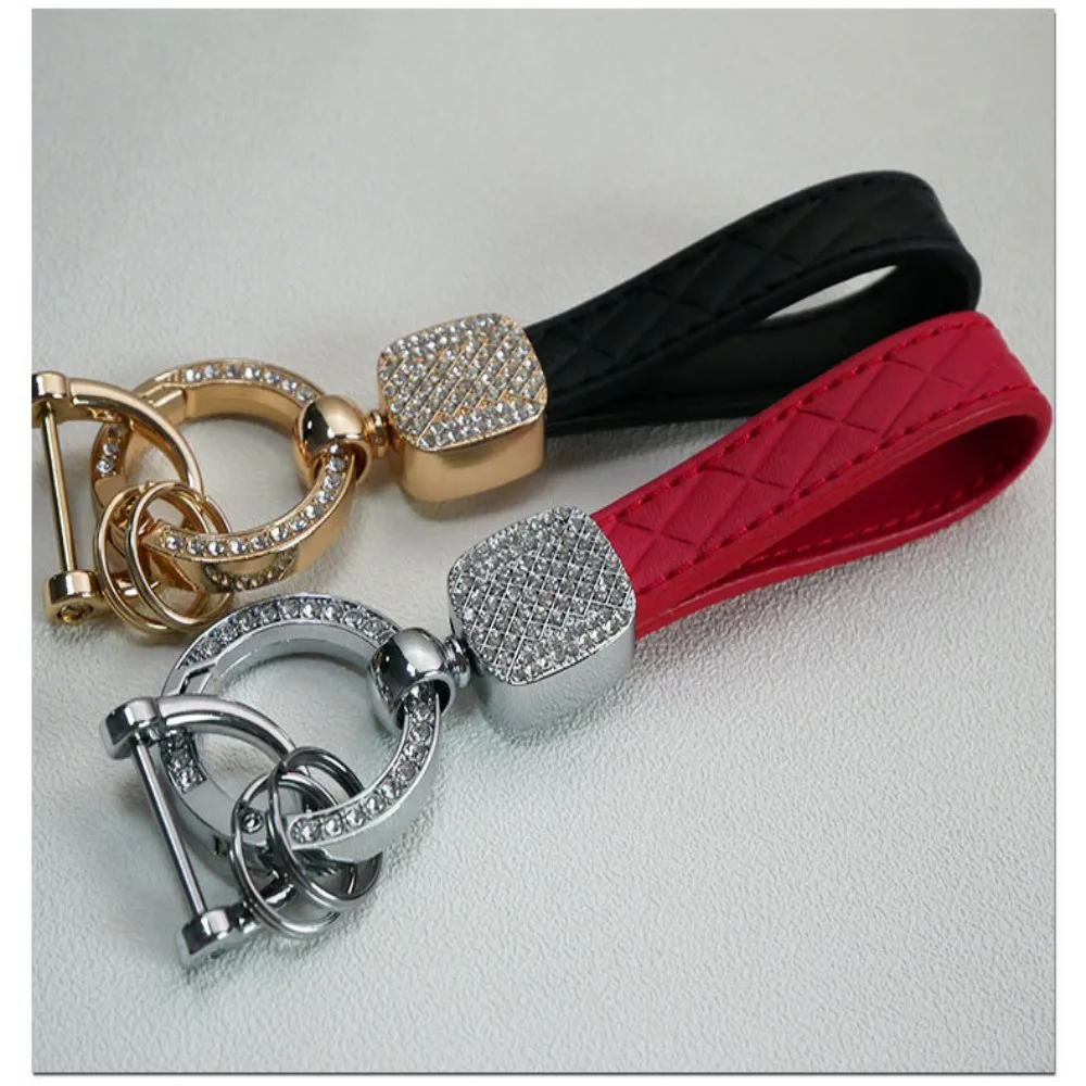 New PU Leather Car Key Chain Plaid Shiny Crystal Pendant Key Ring Durable Bag Charm Pendant for Car Bag Accessory Gift Keyring