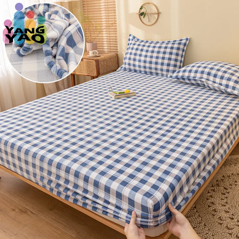 

Velvet Bedsheet with Pillowcase sabanas Elastic Fitted Sheet Set Queen Size Plaid Style Bed Linen Sets Home Warm Mattress Cover