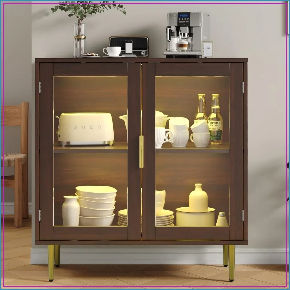 Housoul Buffet Cabinet with LED Lights and 2 Acrylic Doors, Walnut Storage Sideboard