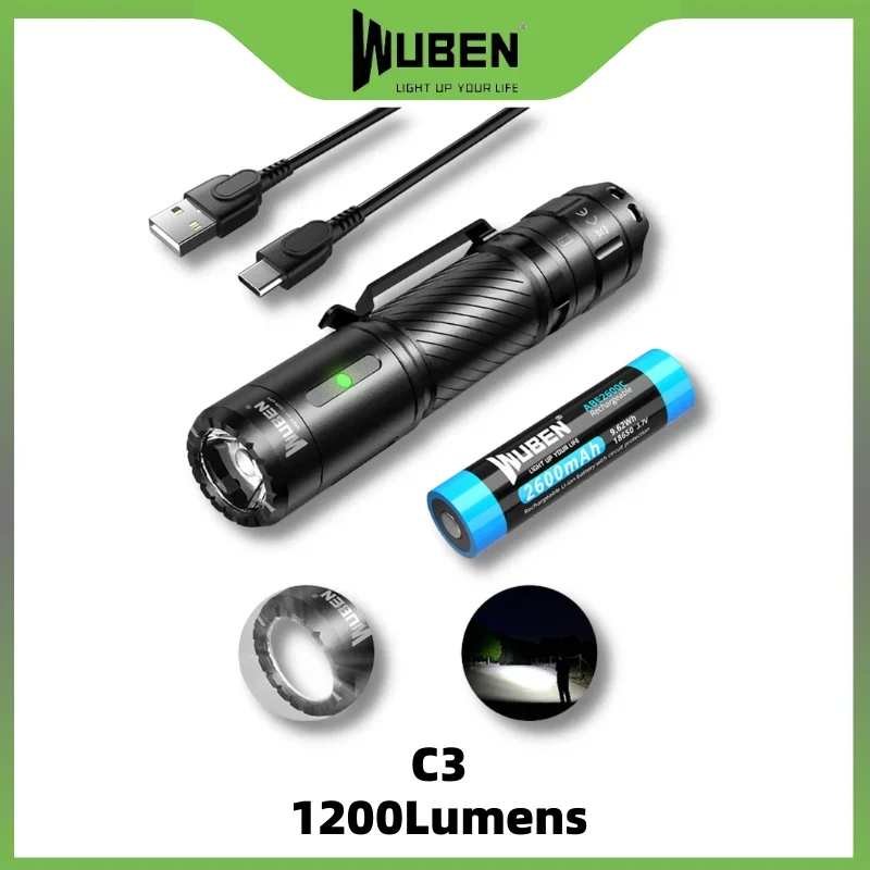 WUBEN C3 LED Flashlight USB Type-C Rechargeable 1200 Lumens IP68 Waterproof Camping lantern 18650 Battery included