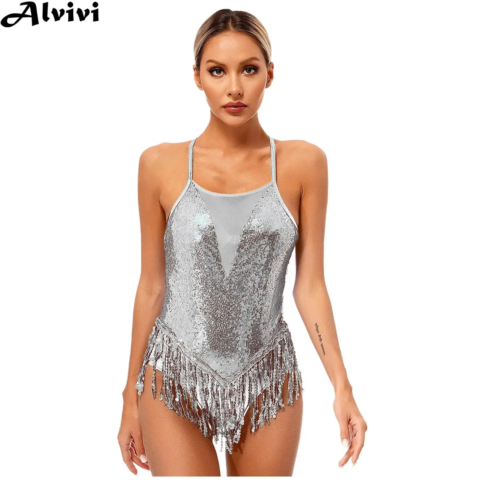 

Женское трико для латинских танцев с блестками и кисточками, боди без рукавов с открытой спиной для ча-ча, самбы, румбы, танго, катания на коньках