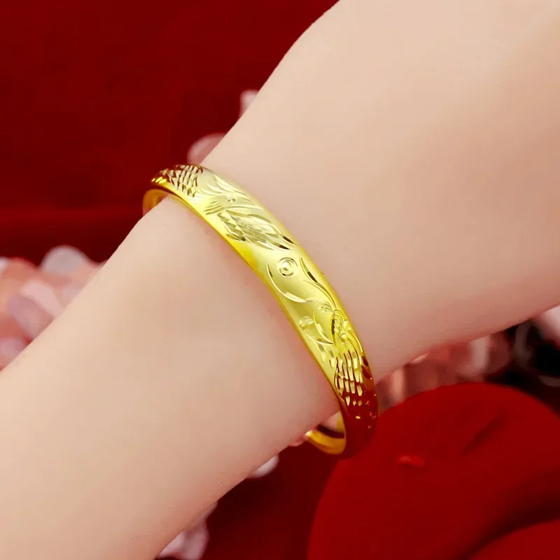 

9999 Real Gold 24K Jewelry Women's Dragon and Phoenix Gypsy Plum Blossom Push-pull Bracelet Gold Bracelet