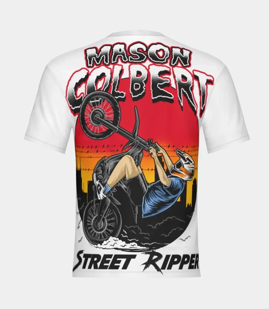 Men Outdoor Sports T-Shirt, Quick Dry & Breathable. Bold Sunset Stunt Bike Print for Motor Lovers Casual Daily Outfits