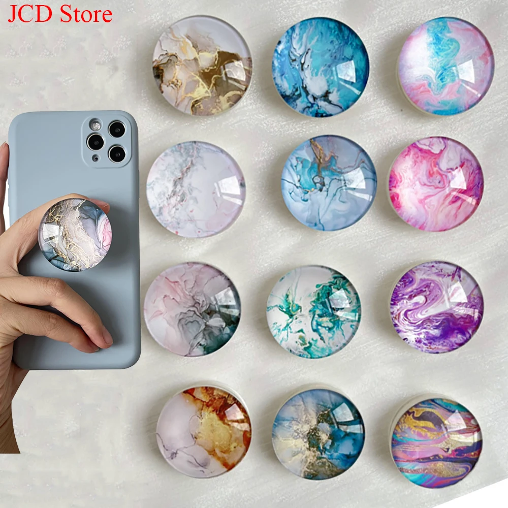 Soporte para teléfono de cristal con patrón de mármol, enchufe plegable para teléfono móvil, empuñaduras de cristal para teléfono