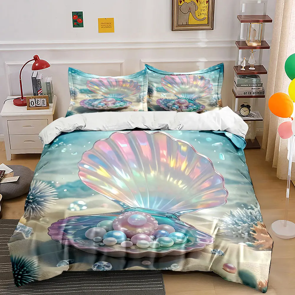Colorful Shell with Pearls on Beach Duvet Cover Set with 3D Printing Design Soft Polyester Bedding Set All-Season Comfort