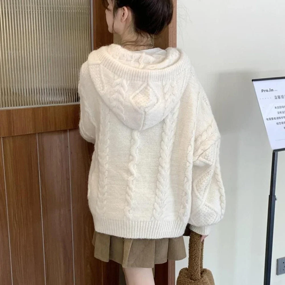 Autumn Winter Bull Horn Button Hooded Sweater Cardigan Women Blue Long Sleeve Knitted Coats Casual Loose Jackets New Tops Female