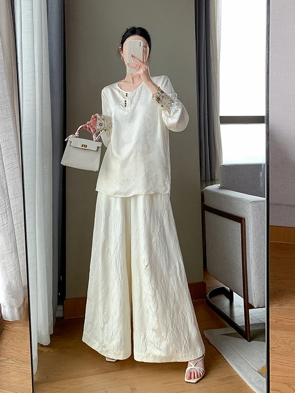

White Silk Wide Leg Pants Set Women's High Waist Spring New Style Breathable Two-Piece Suit Chinese Zen Style Fashionable