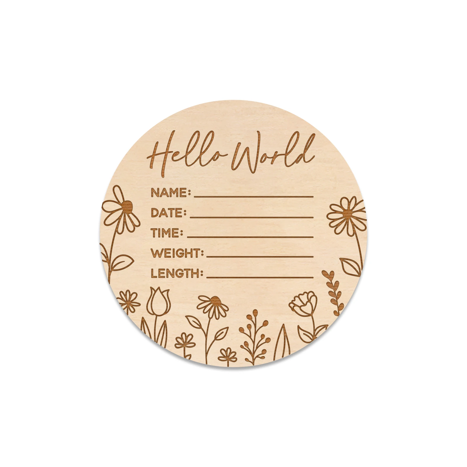 

Hello World Wooden Baby Announcement Sign - 5 inch Newborn Birth Stats Board with Floral Engraving, Nursery Photo Prop