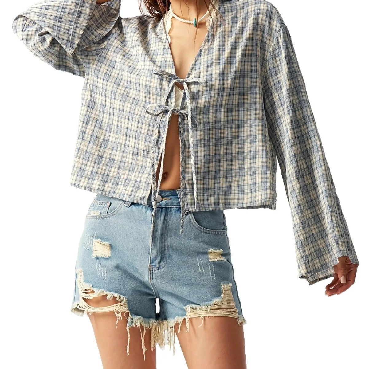 Plaid Tie Top Loose Fit Casual with Checkered Pattern V Neck V Neckline Tie Front Summer Autumn Bell Sleeve Striped Women Blouse