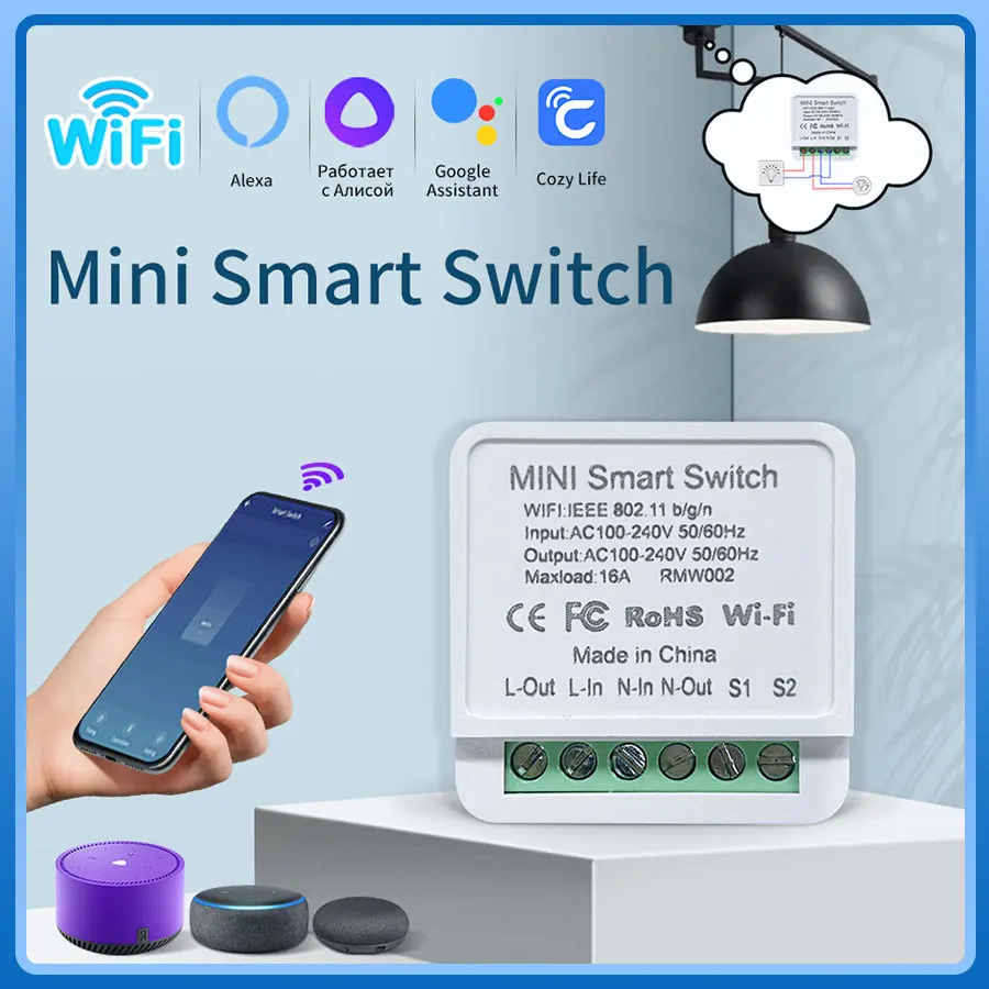 Mini WiFi Smart Switch Cozylife APP Remote Control 16A 20A Automation Module Support 2 Way Control Works With Alexa Google Home